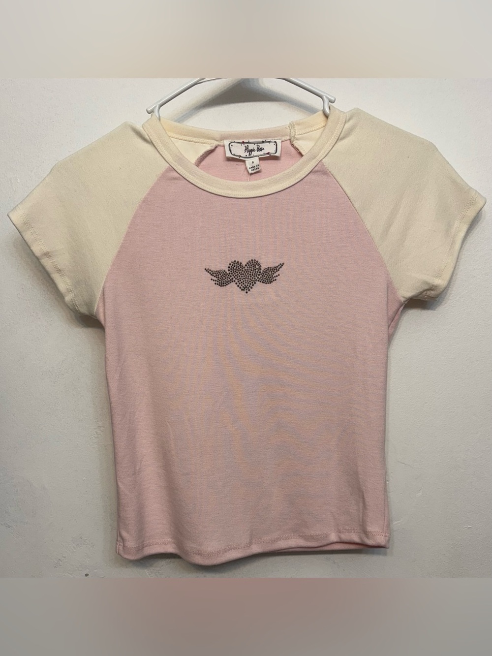 Hippie Rose Pink and Cream Baby Tee with Embellished Heart Womans Size Small NWT
